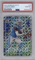 Jahmyr Gibbs from the 2023 Donruss Optic set graded by PSA and given an overall grade of 10.