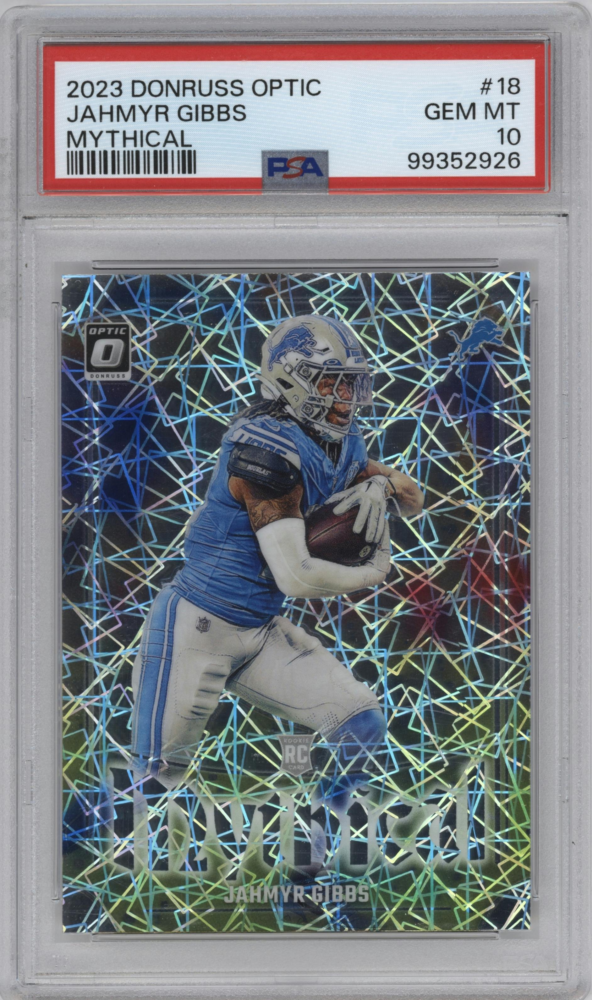 Jahmyr Gibbs from the 2023 Donruss Optic set graded by PSA and given an overall grade of 10.