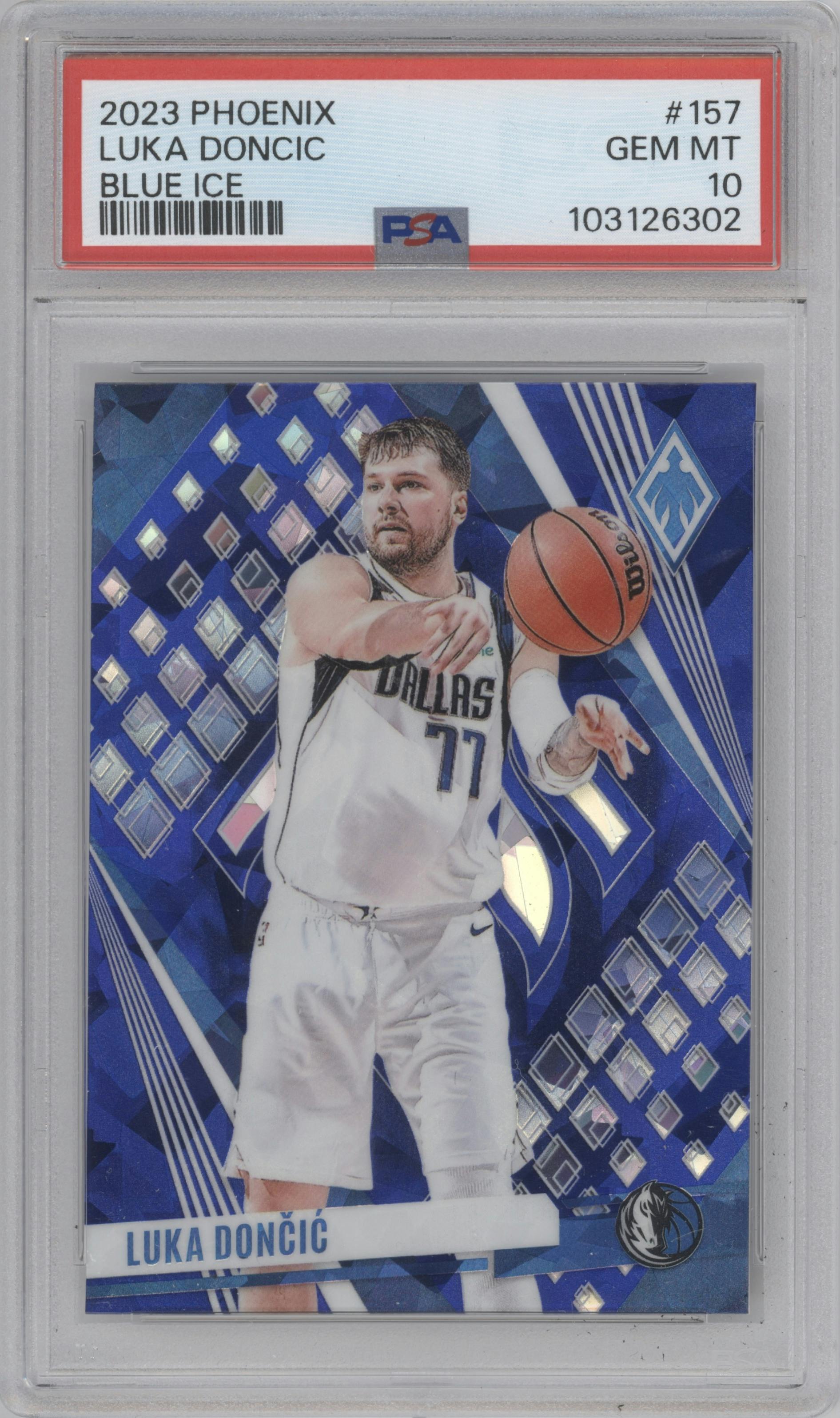 Luka Doncic from the 2023-24 Panini Phoenix set featuring a Blue Ice parallel graded by PSA and given an overall grade of 10.