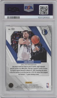 Luka Doncic from the 2023-24 Panini Phoenix set featuring a Blue Ice parallel graded by PSA and given an overall grade of 10.