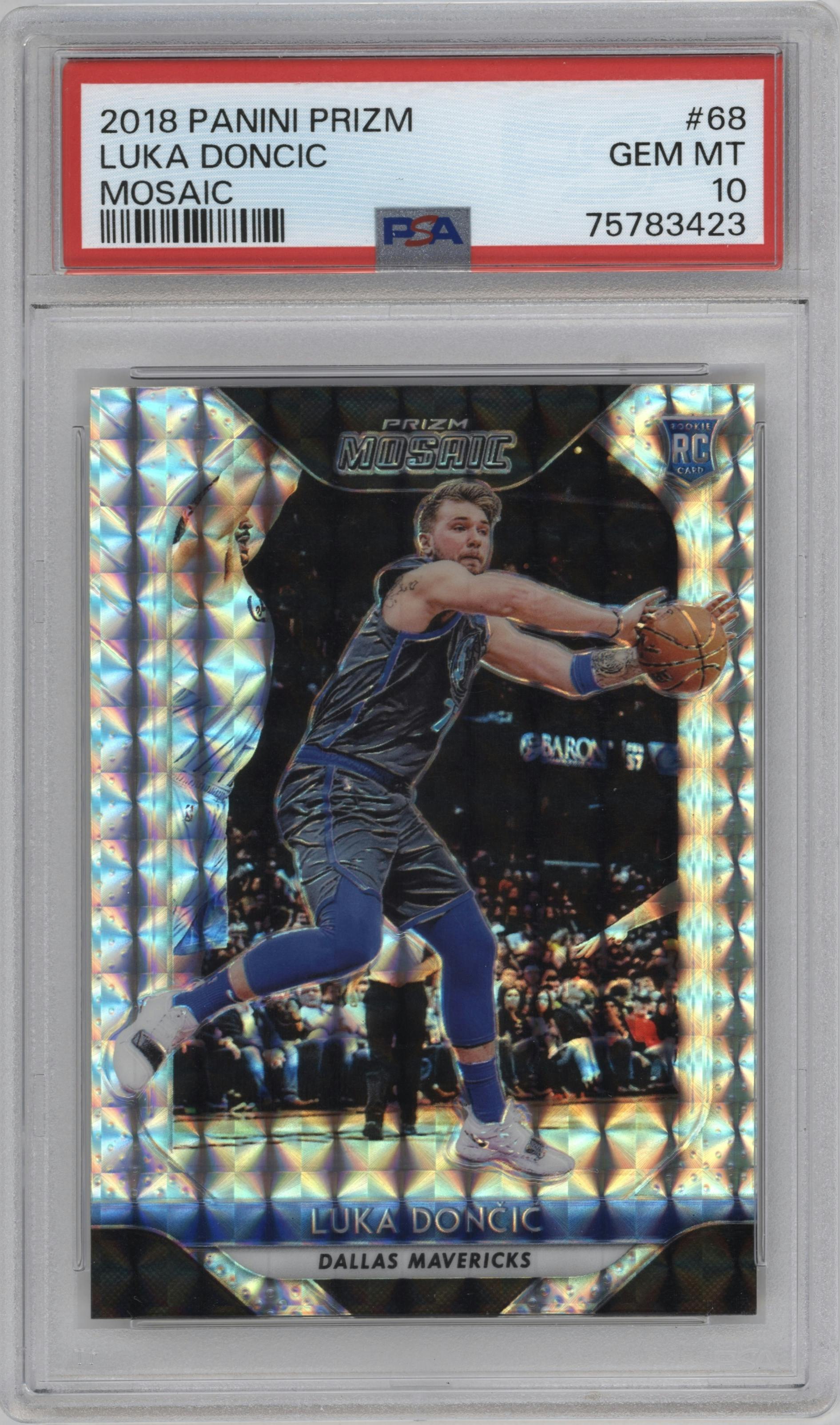 Luka Doncic from the 2018-19 Panini Prizm Mosaic set graded by PSA and given an overall grade of 10.