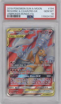 Reshiram & Charizard GX from the 2019 Pokemon S&M  set graded by PSA and given an overall grade of 10.