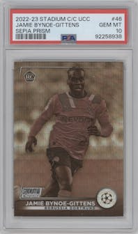 Jamie Bynoe-Gittens from the 2022-23 Topps Stadium Club Chrome UEFA Club set featuring a Sepia Prism Refractor parallel graded by PSA and given an overall grade of 10.