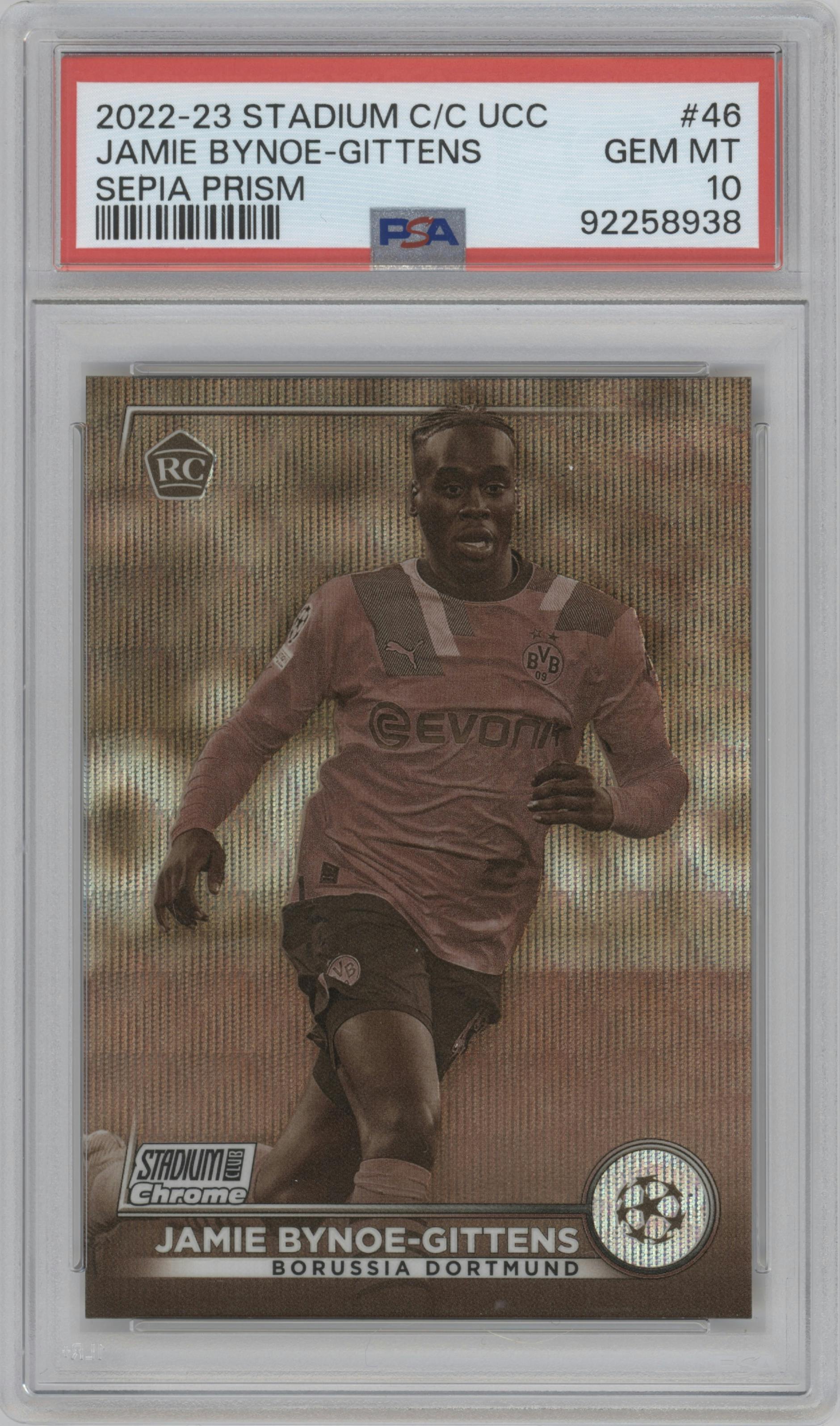 Jamie Bynoe-Gittens from the 2022-23 Topps Stadium Club Chrome UEFA Club set featuring a Sepia Prism Refractor parallel graded by PSA and given an overall grade of 10.