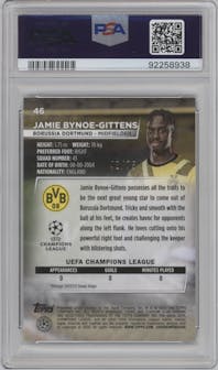 Jamie Bynoe-Gittens from the 2022-23 Topps Stadium Club Chrome UEFA Club set featuring a Sepia Prism Refractor parallel graded by PSA and given an overall grade of 10.