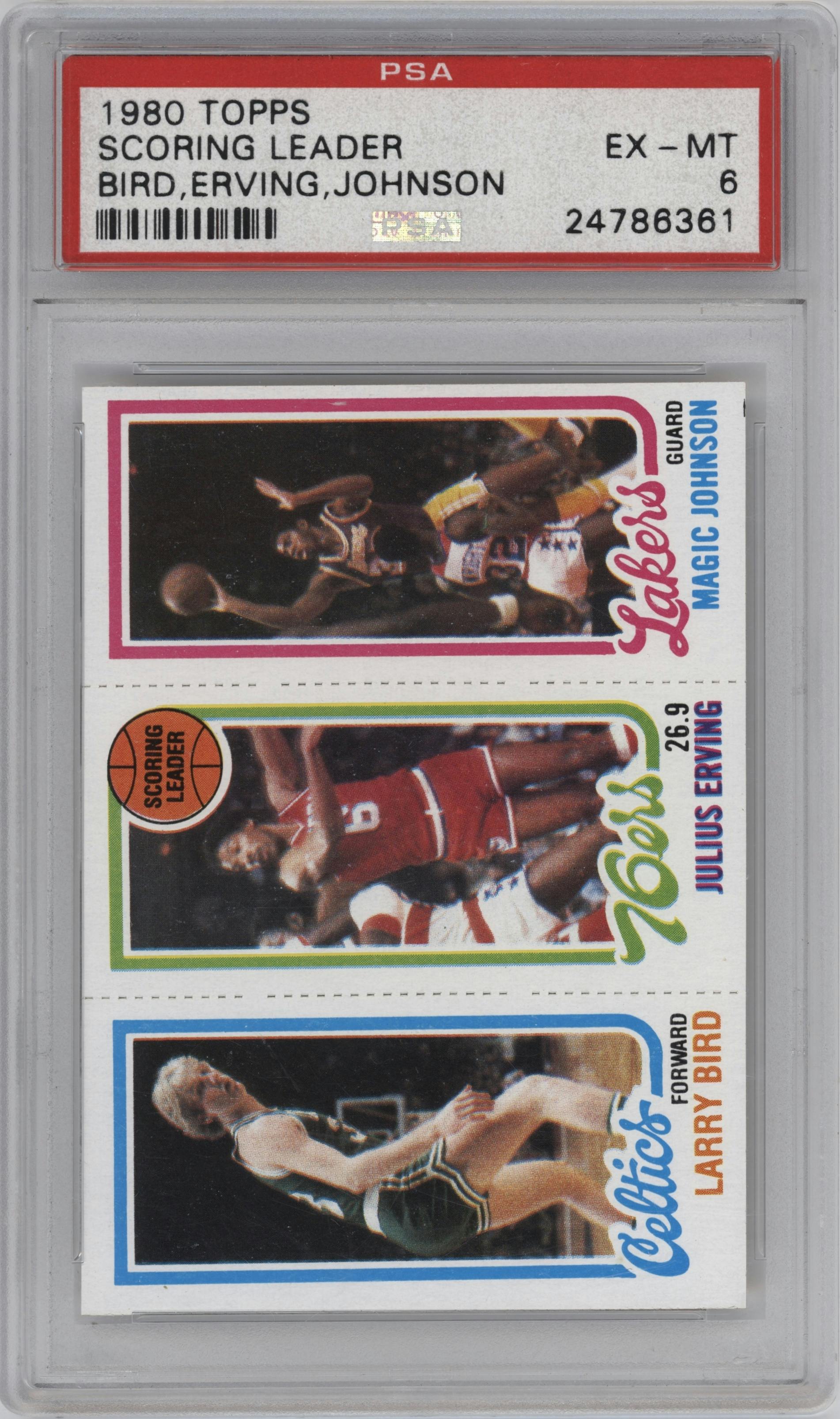 Larry Bird/Julius Erving/Magic Johnson from the 1980-81 Topps set graded by PSA and given an overall grade of 6.