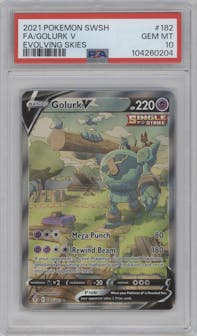 Golurk V from the 2021 Pokemon SWSH set graded by PSA and given an overall grade of 10.