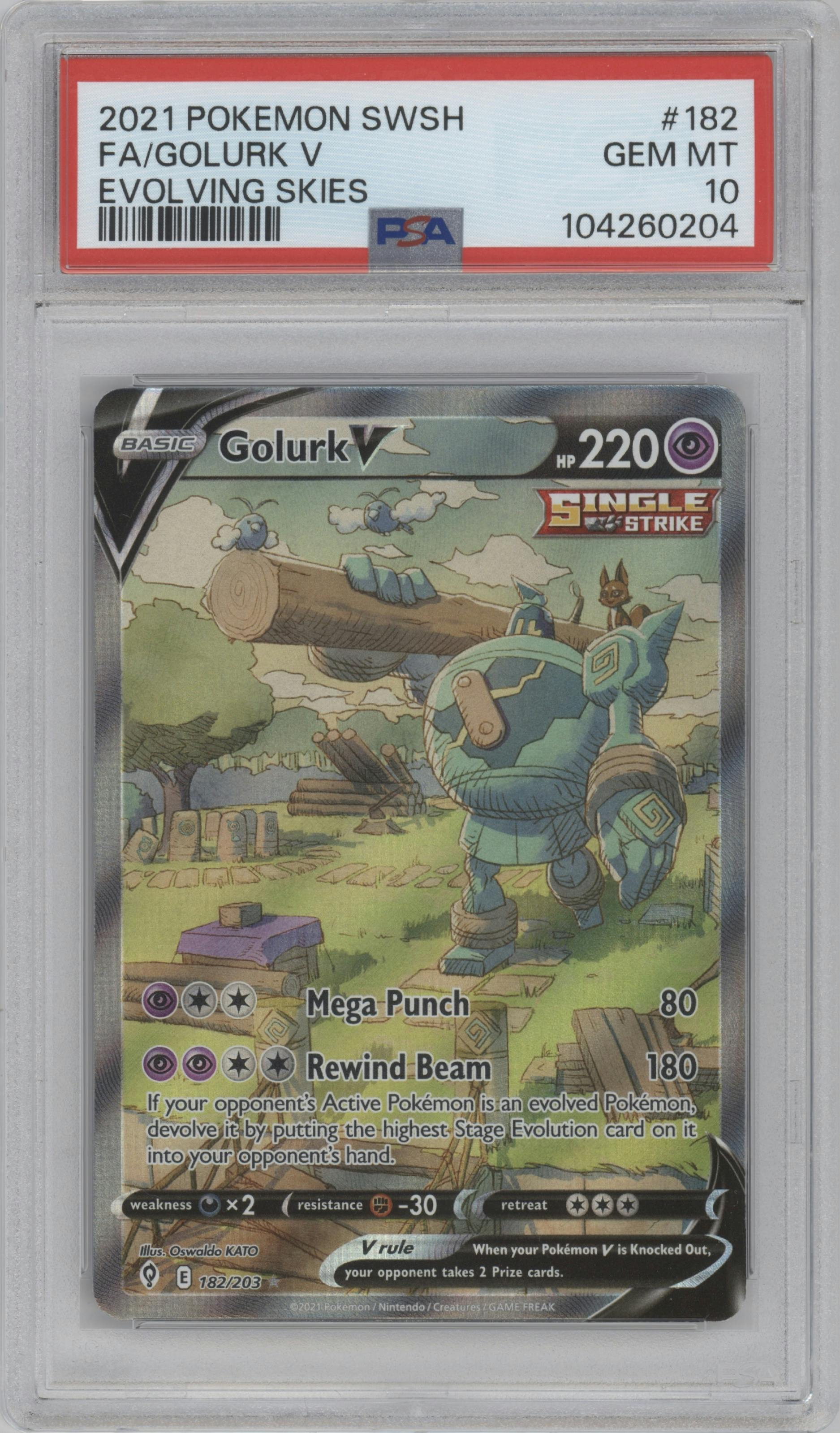 Golurk V from the 2021 Pokemon SWSH set graded by PSA and given an overall grade of 10.