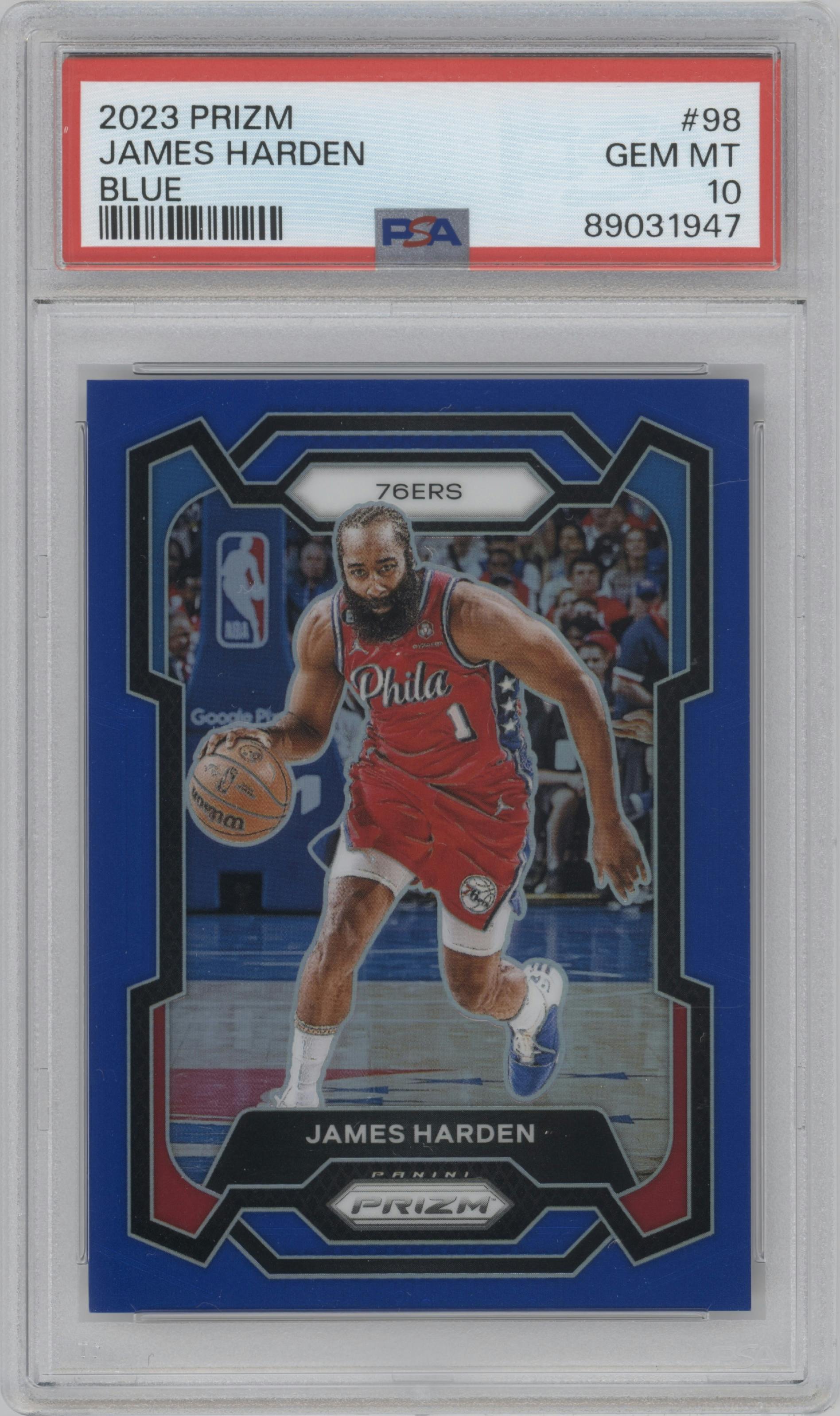 James Harden from the 2023-24 Panini Prizm set featuring a Blue Prizm parallel graded by PSA and given an overall grade of 10.