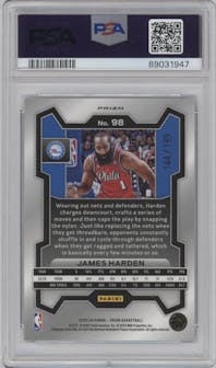 James Harden from the 2023-24 Panini Prizm set featuring a Blue Prizm parallel graded by PSA and given an overall grade of 10.