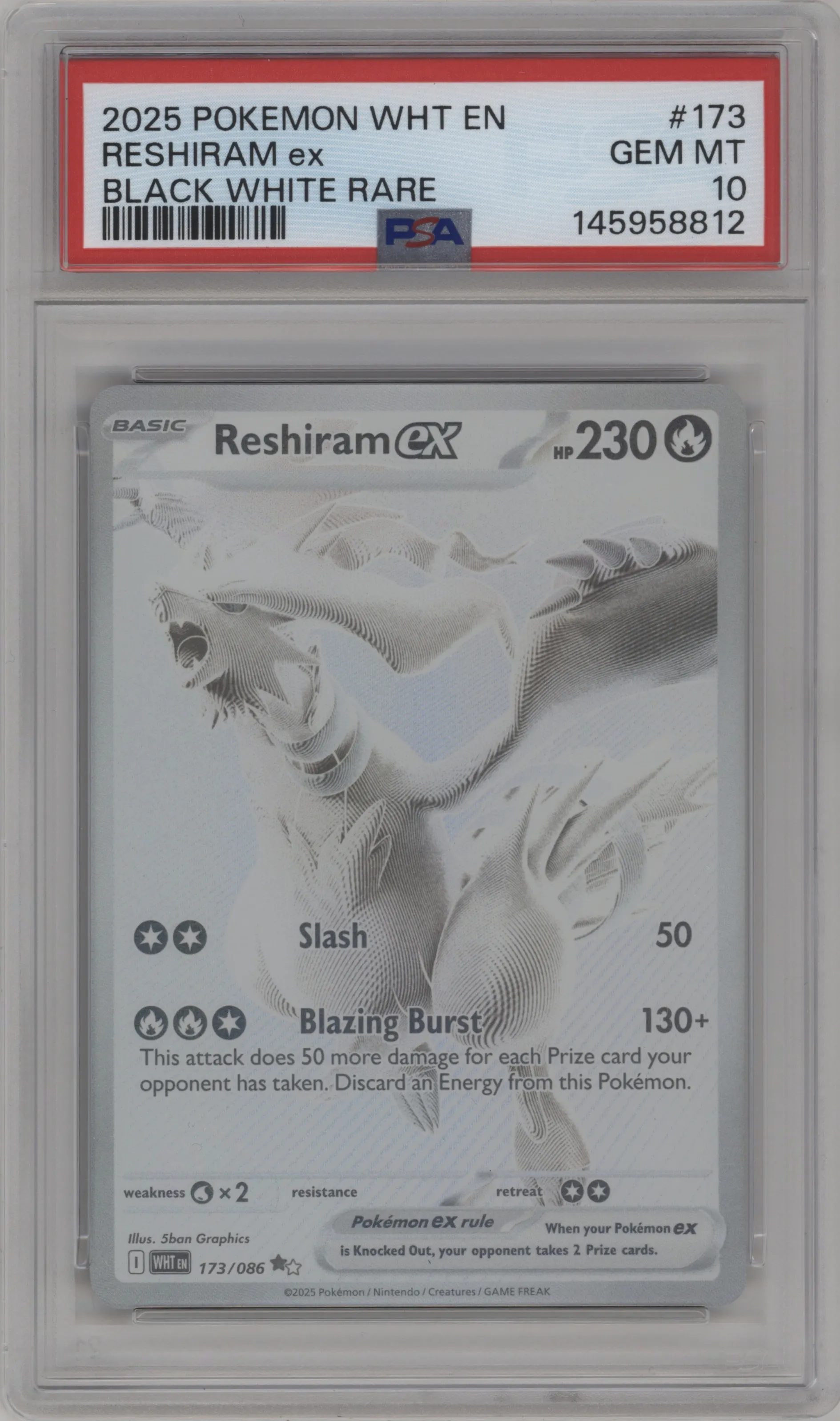 Reshiram ex from the 2025 Pokemon SV set featuring a Black White Rare parallel graded by PSA and given an overall grade of 10.