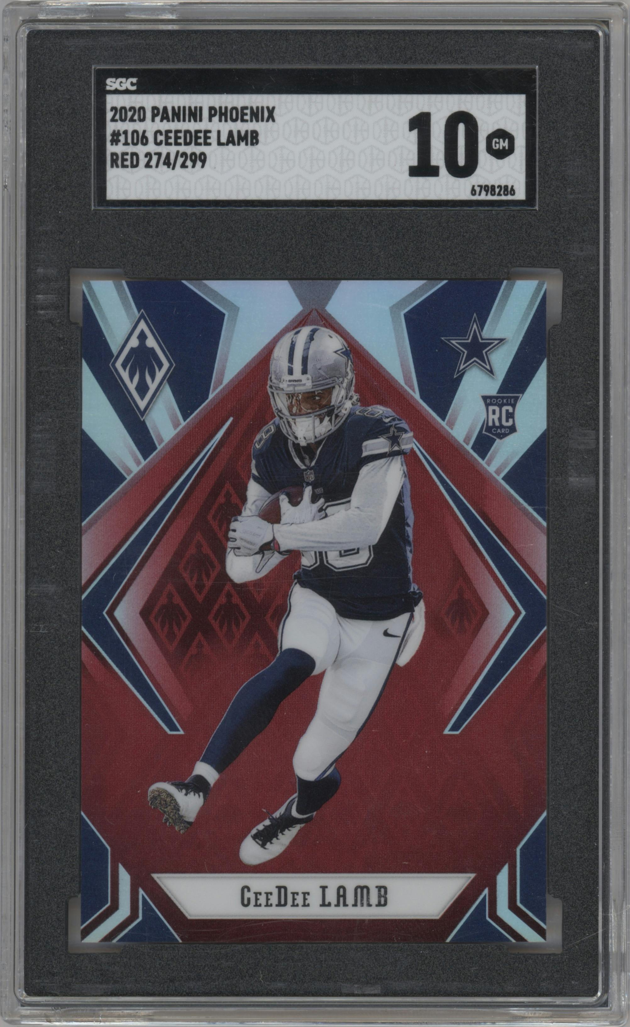 CeeDee Lamb from the 2020 Panini Phoenix set featuring a Red parallel graded by SGC and given an overall grade of 10.