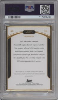Jayden Daniels from the 2024 Topps Now Rookie Campaign Quarterbacks set featuring a Black parallel graded by PSA and given an overall grade of 9.