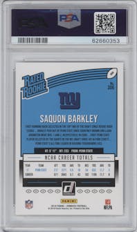 Saquon Barkley from the 2018 Panini Donruss set graded by PSA and given an overall grade of 10.