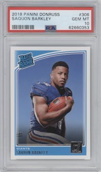 Saquon Barkley from the 2018 Panini Donruss set graded by PSA and given an overall grade of 10.