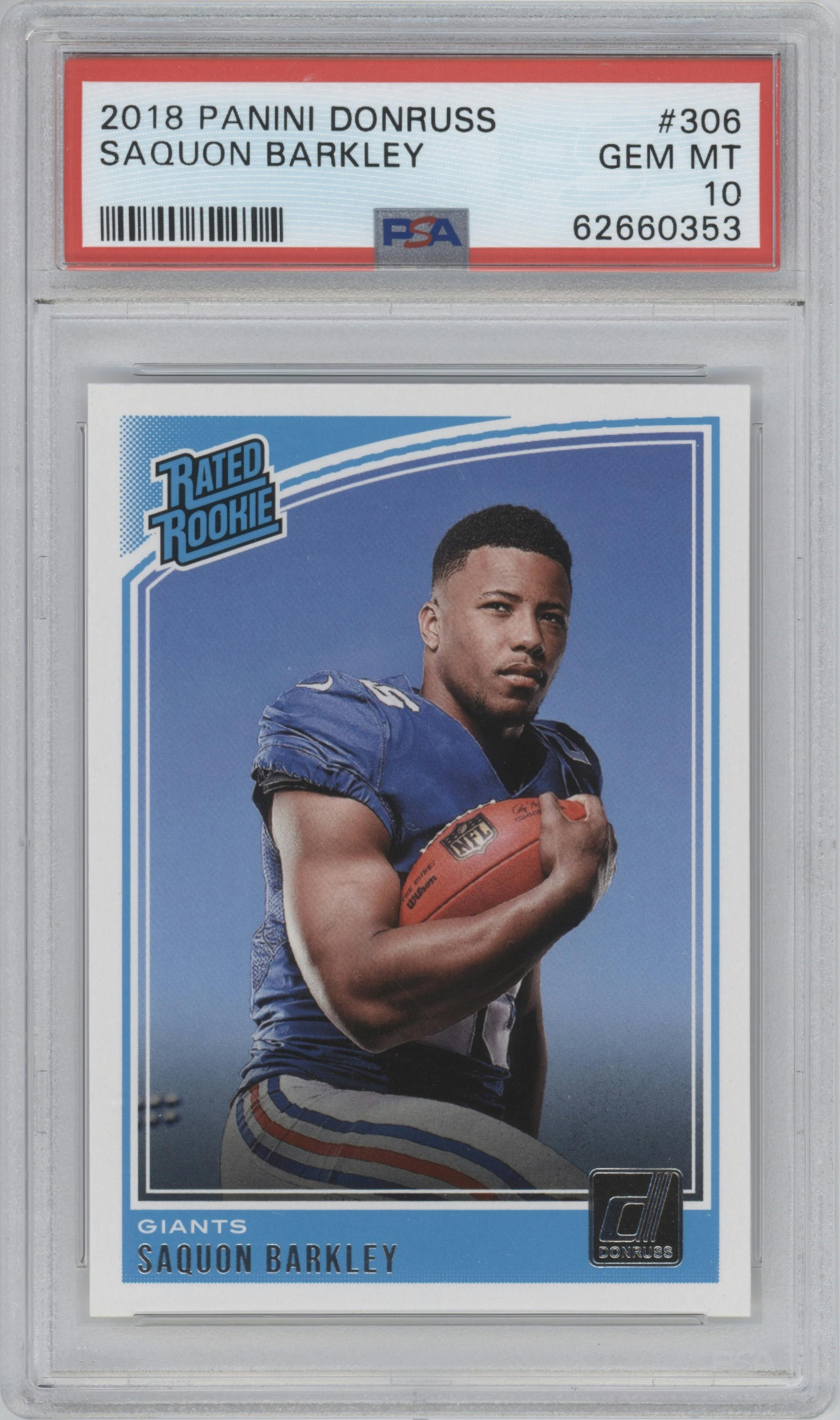 Saquon Barkley from the 2018 Panini Donruss set graded by PSA and given an overall grade of 10.
