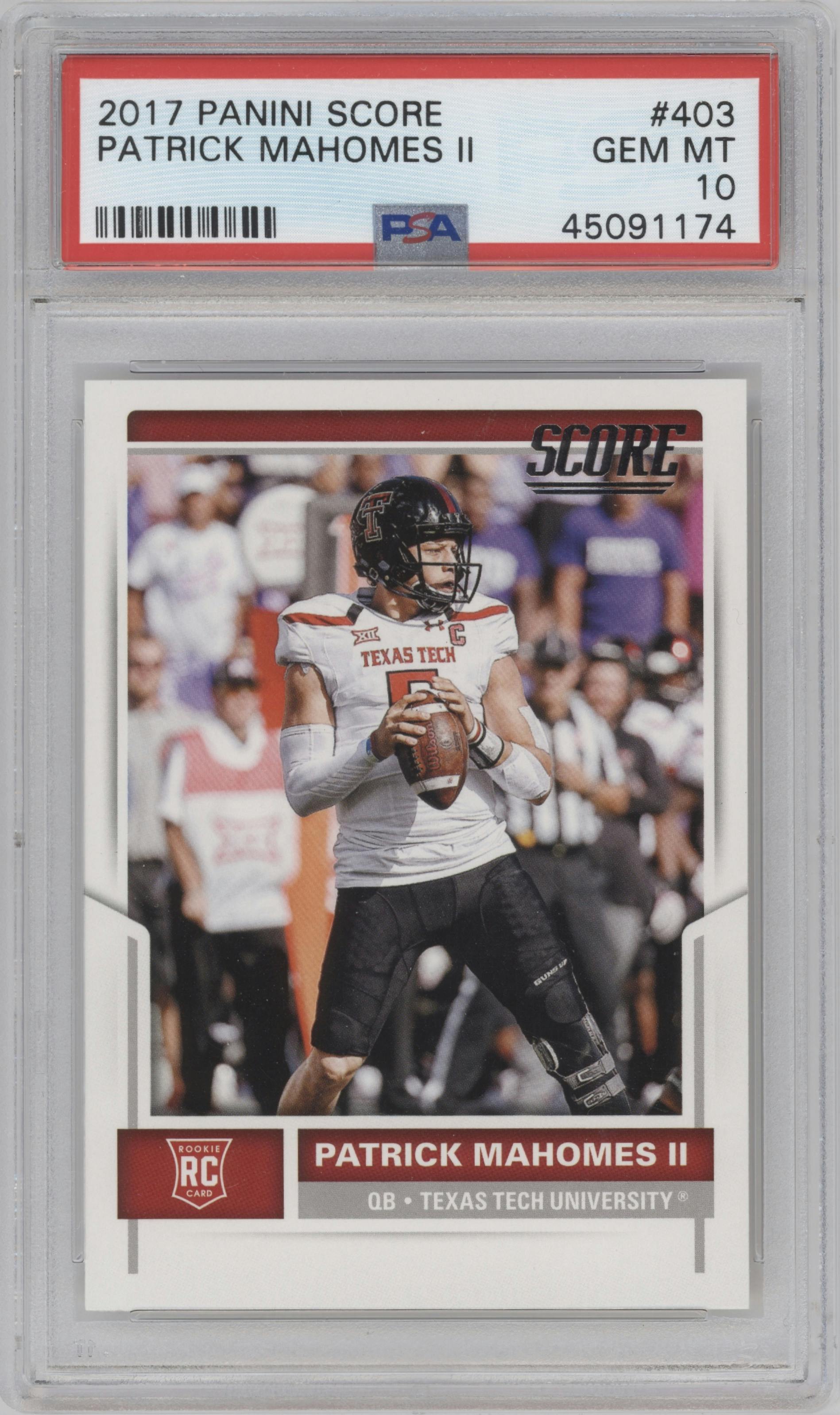 Patrick Mahomes II from the 2017 Panini Score set graded by PSA and given an overall grade of 10.