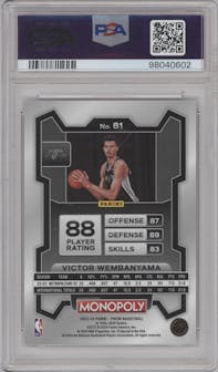 Victor Wembanyama from the 2023-24 Panini Prizm Monopoly set graded by PSA and given an overall grade of 10.