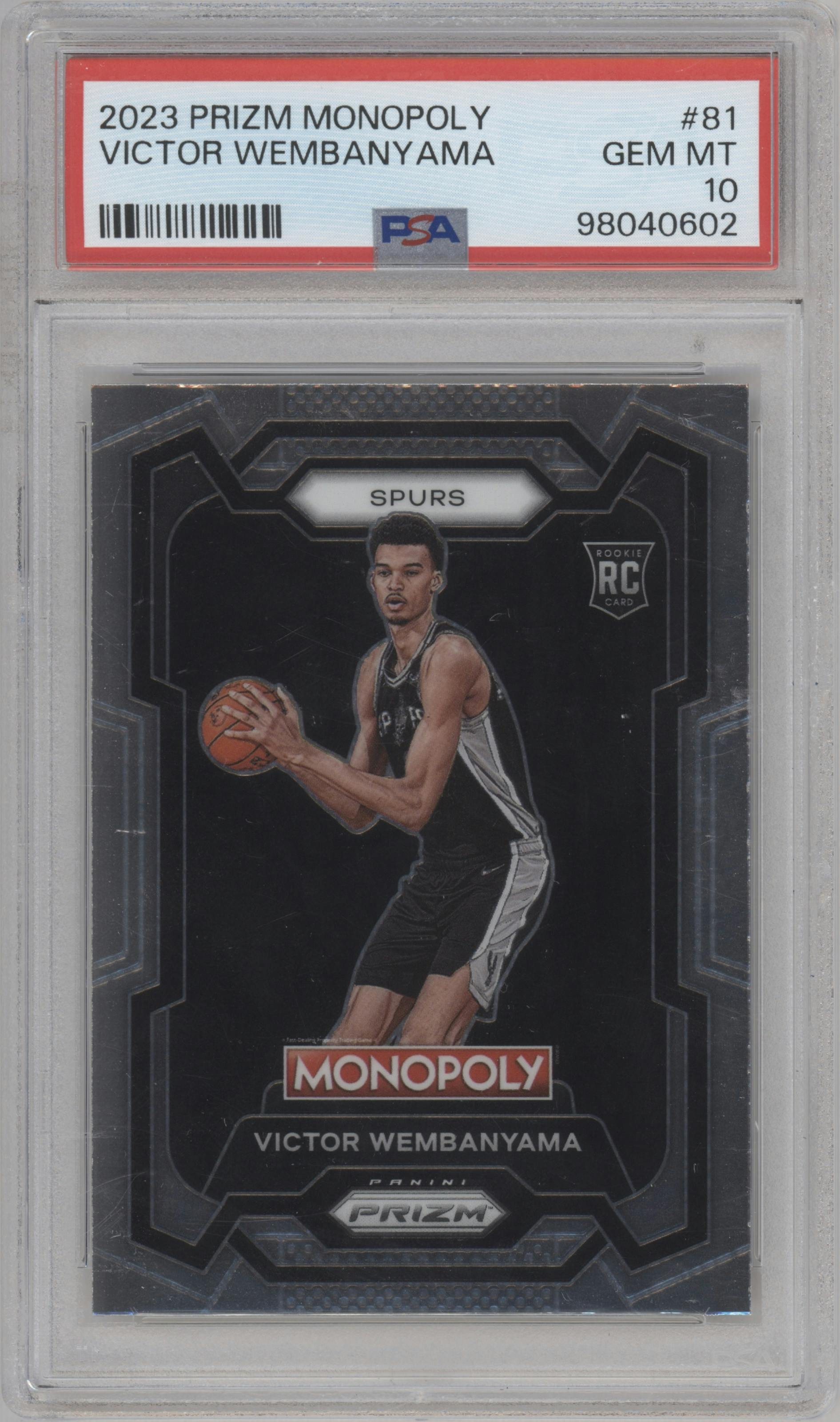 Victor Wembanyama from the 2023-24 Panini Prizm Monopoly set graded by PSA and given an overall grade of 10.