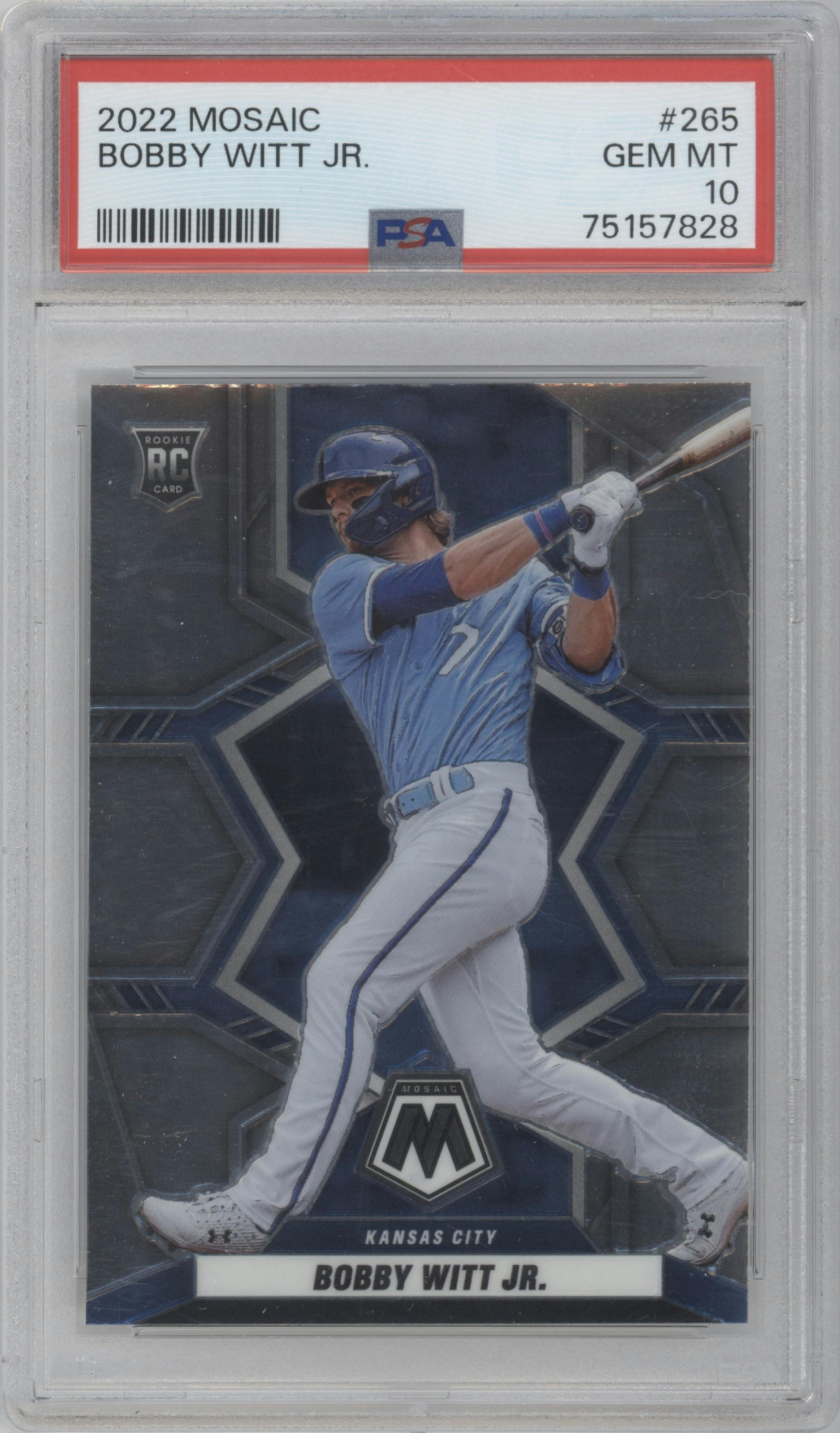 Bobby Witt Jr. from the 2022 Panini Mosaic set graded by PSA and given an overall grade of 10.