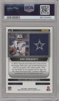 Dak Prescott  from the 2023 Panini Obsidian set featuring a Electric Etch Asia Red Flood parallel graded by PSA and given an overall grade of 10.
