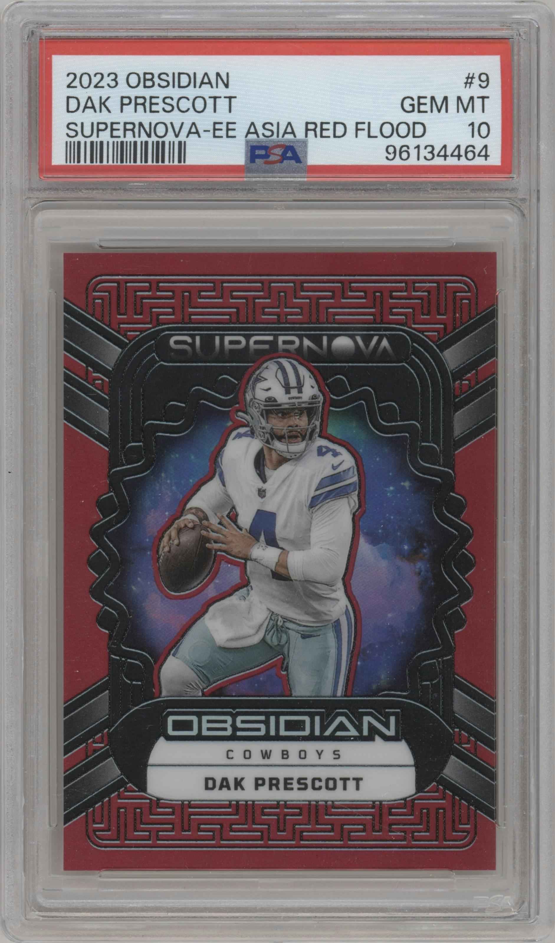 Dak Prescott  from the 2023 Panini Obsidian set featuring a Electric Etch Asia Red Flood parallel graded by PSA and given an overall grade of 10.
