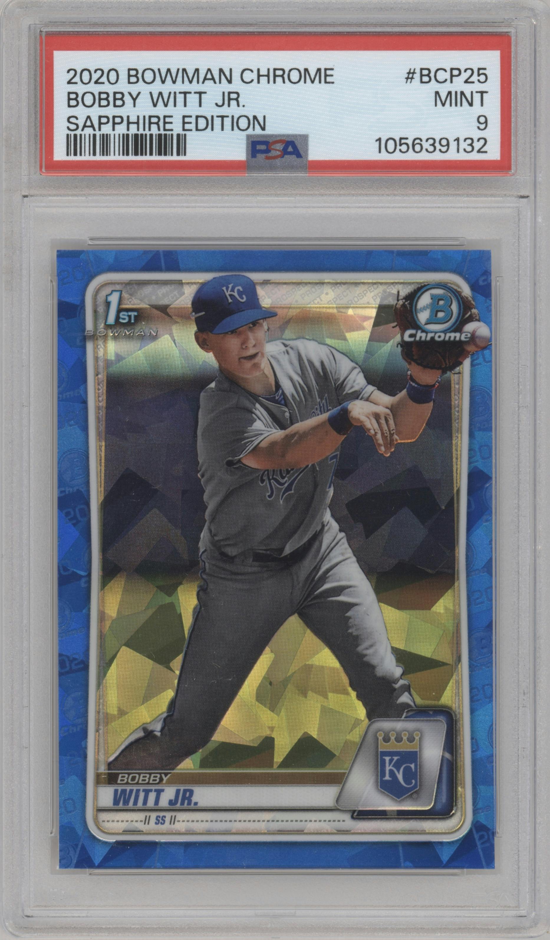 Bobby Witt Jr. from the 2020 Bowman Sapphire Edition set graded by PSA and given an overall grade of 9.