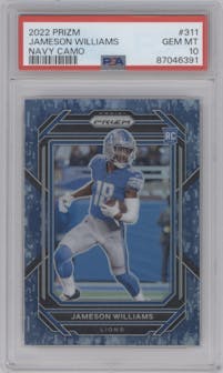 Jameson Williams from the 2022 Panini Prizm set featuring a Navy Camo parallel graded by PSA and given an overall grade of 10.