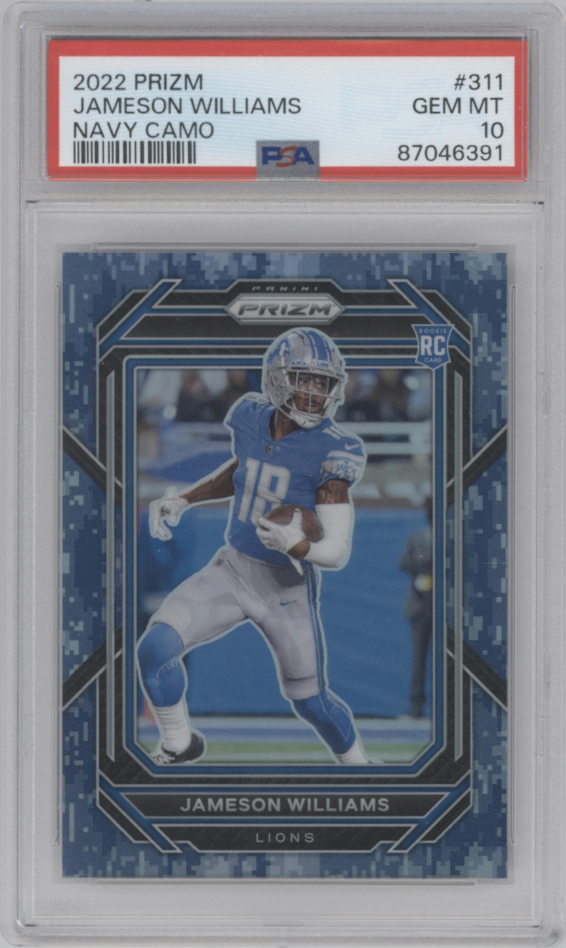 Jameson Williams from the 2022 Panini Prizm set featuring a Navy Camo parallel graded by PSA and given an overall grade of 10.