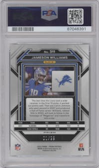 Jameson Williams from the 2022 Panini Prizm set featuring a Navy Camo parallel graded by PSA and given an overall grade of 10.