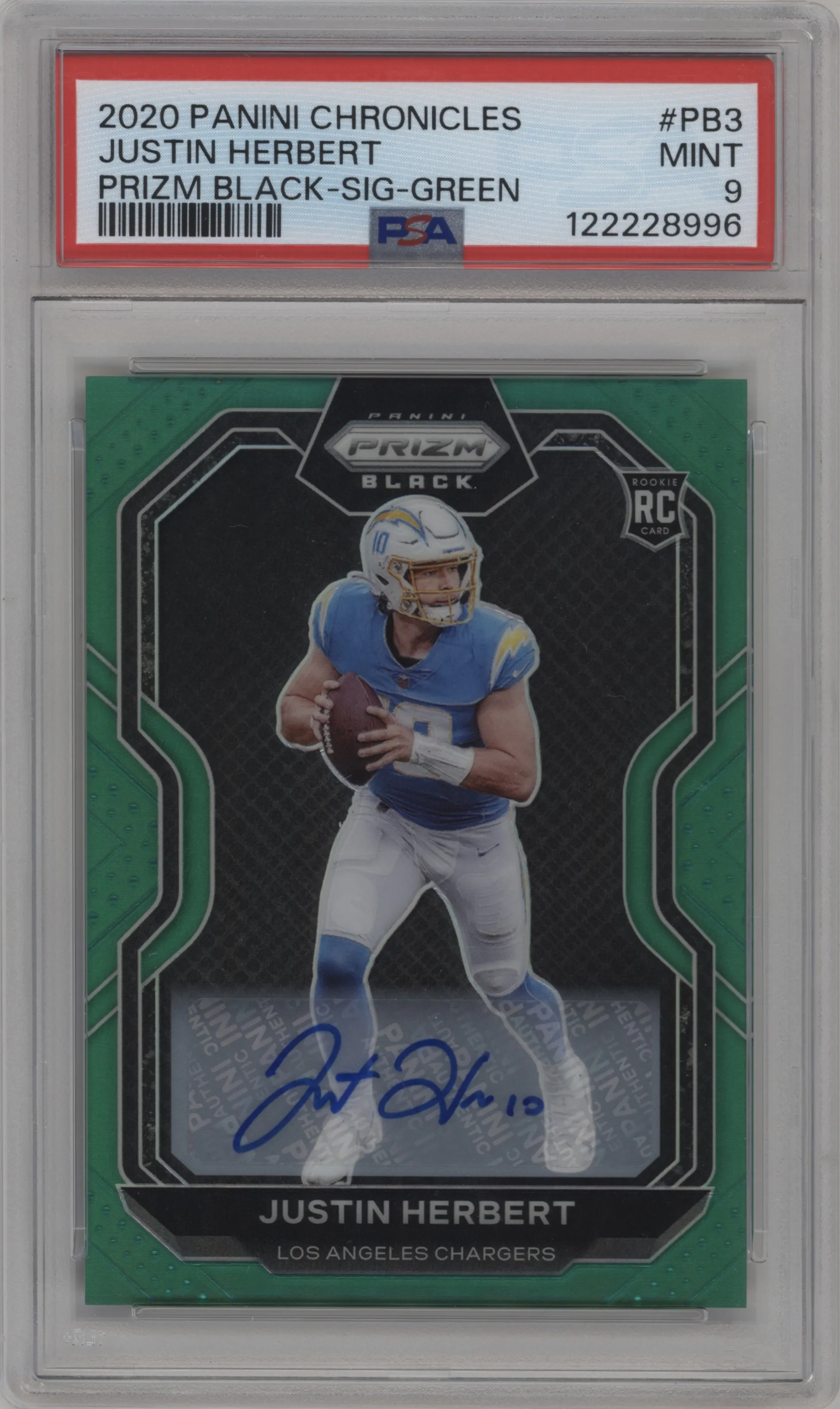2020 Panini Chronicles Prizm Black Sig. Justin Herbert Green PSA 9