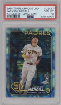 Jackson Merrill from the 2024 Topps Chrome Update set featuring a Aqua/Blue Lava Lamp Refractor parallel graded by PSA and given an overall grade of 10.