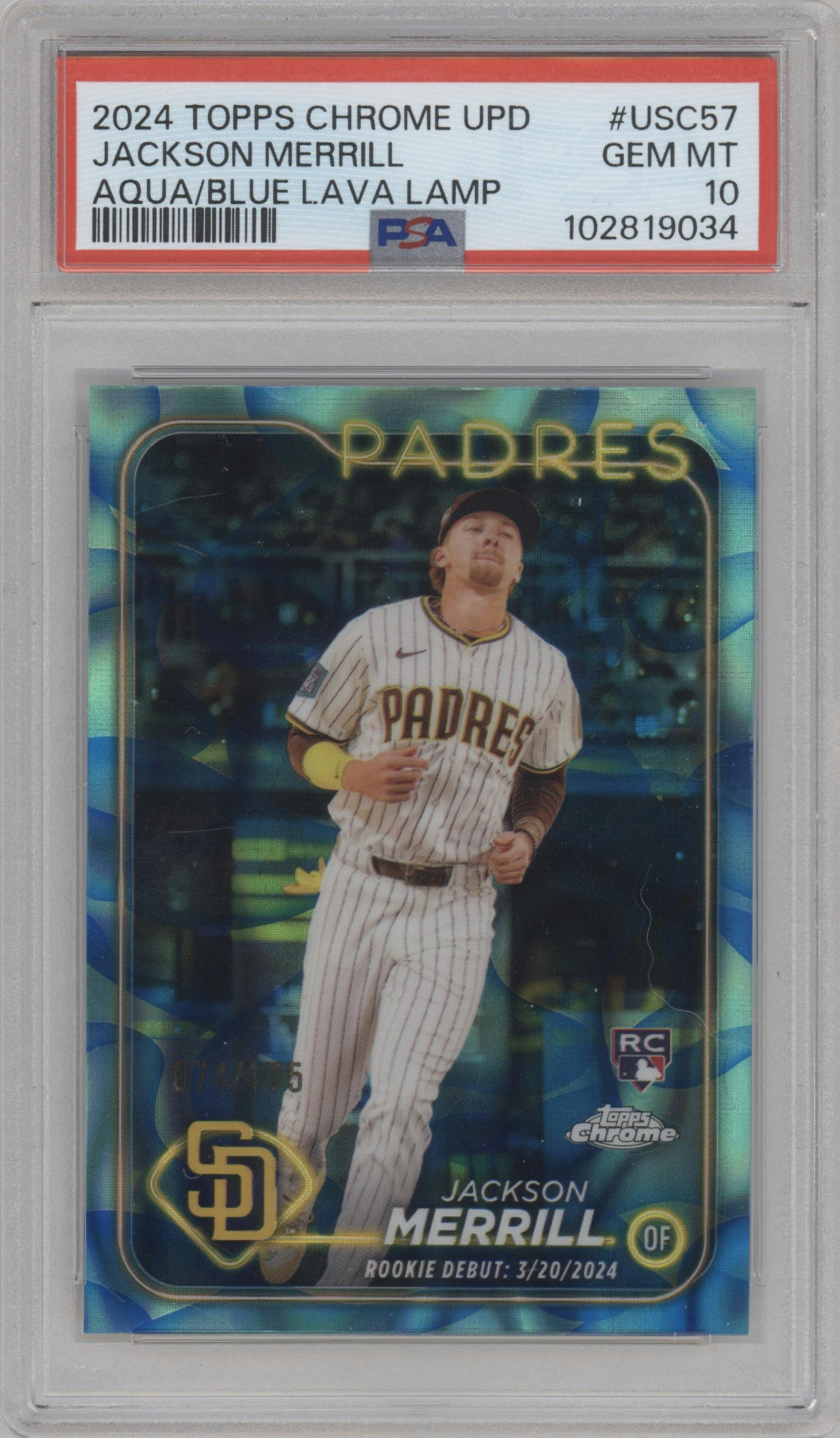 Jackson Merrill from the 2024 Topps Chrome Update set featuring a Aqua/Blue Lava Lamp Refractor parallel graded by PSA and given an overall grade of 10.