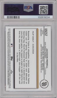 Jackson Merrill from the 2024 Topps Chrome Update set featuring a Aqua/Blue Lava Lamp Refractor parallel graded by PSA and given an overall grade of 10.