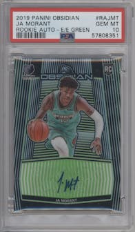 Ja Morant from the 2019-20 Panini Obsidian set featuring a Electric Etch Green parallel graded by PSA and given an overall grade of 10.