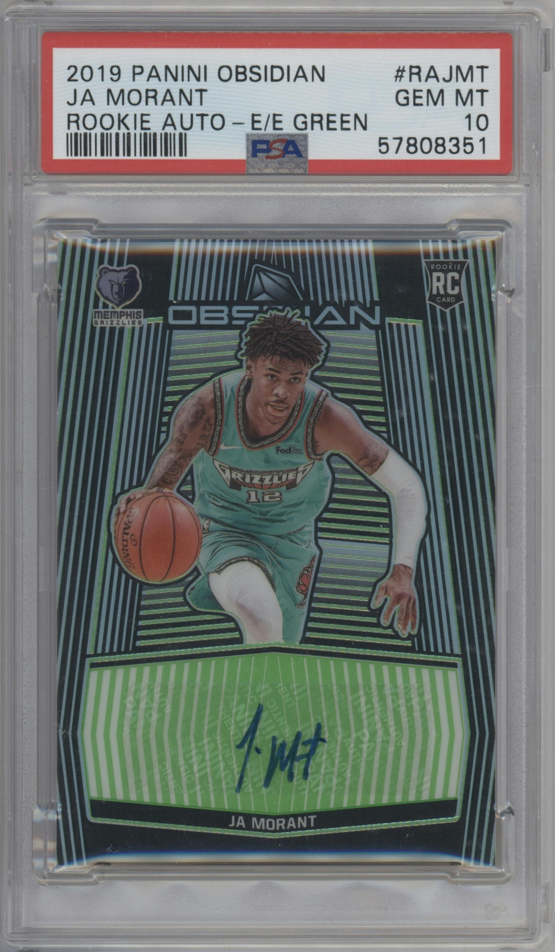 Ja Morant from the 2019-20 Panini Obsidian set featuring a Electric Etch Green parallel graded by PSA and given an overall grade of 10.