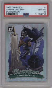 Lamar Jackson from the 2025 Panini Donruss set graded by PSA and given an overall grade of 10.