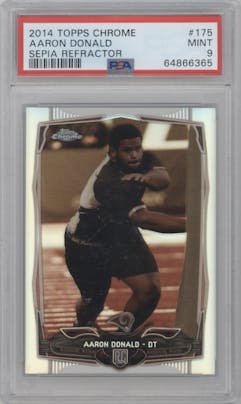 Aaron Donald from the 2014 Topps Chrome set featuring a Sepia Refractor parallel graded by PSA and given an overall grade of 9.