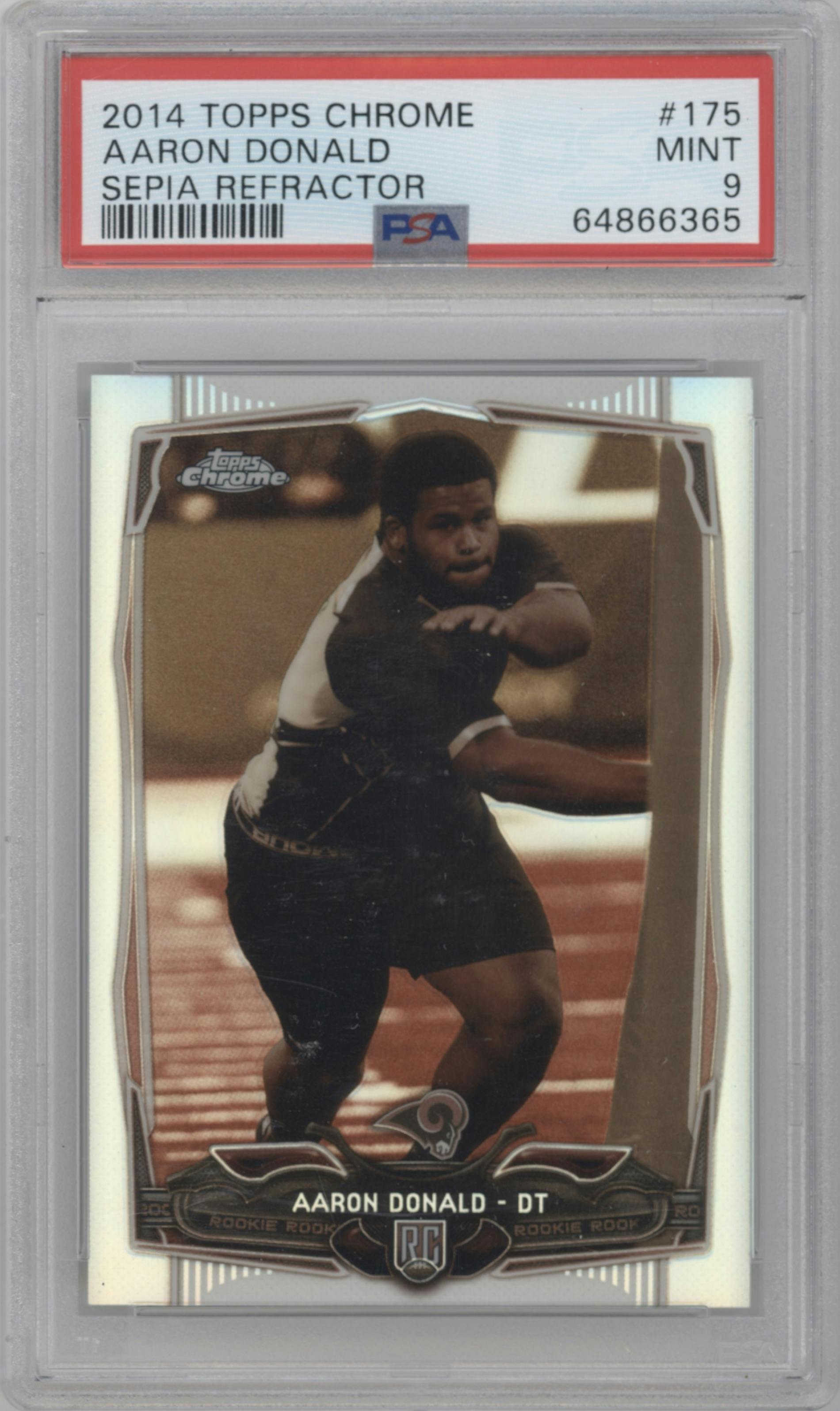 Aaron Donald from the 2014 Topps Chrome set featuring a Sepia Refractor parallel graded by PSA and given an overall grade of 9.