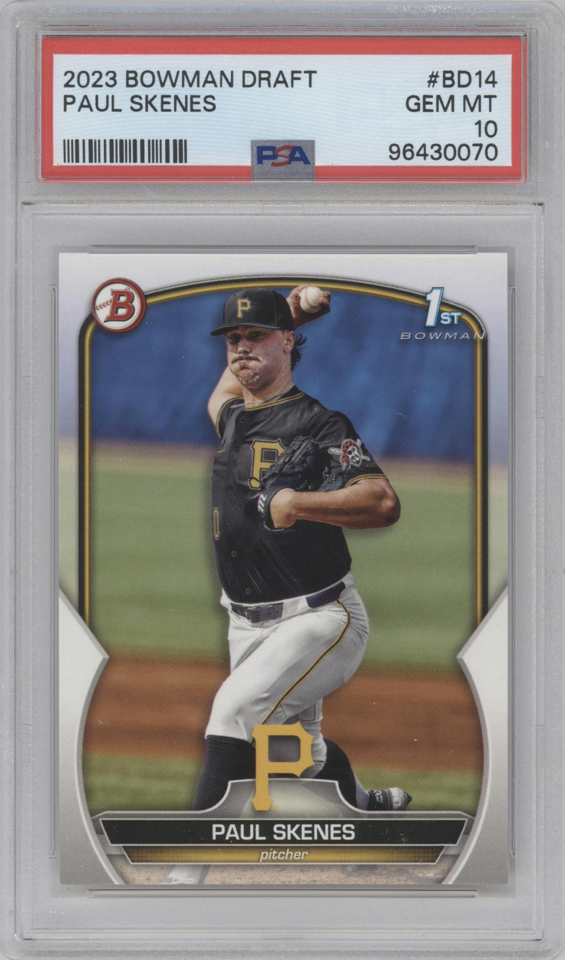 Paul Skenes from the 2023 Bowman Draft set graded by PSA and given an overall grade of 10.