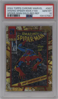 The Amazing Spider-man from the 2024 Topps Chrome Marvel set featuring a Red Refractor parallel graded by PSA and given an overall grade of 10.