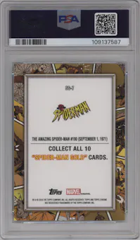 The Amazing Spider-man from the 2024 Topps Chrome Marvel set featuring a Red Refractor parallel graded by PSA and given an overall grade of 10.