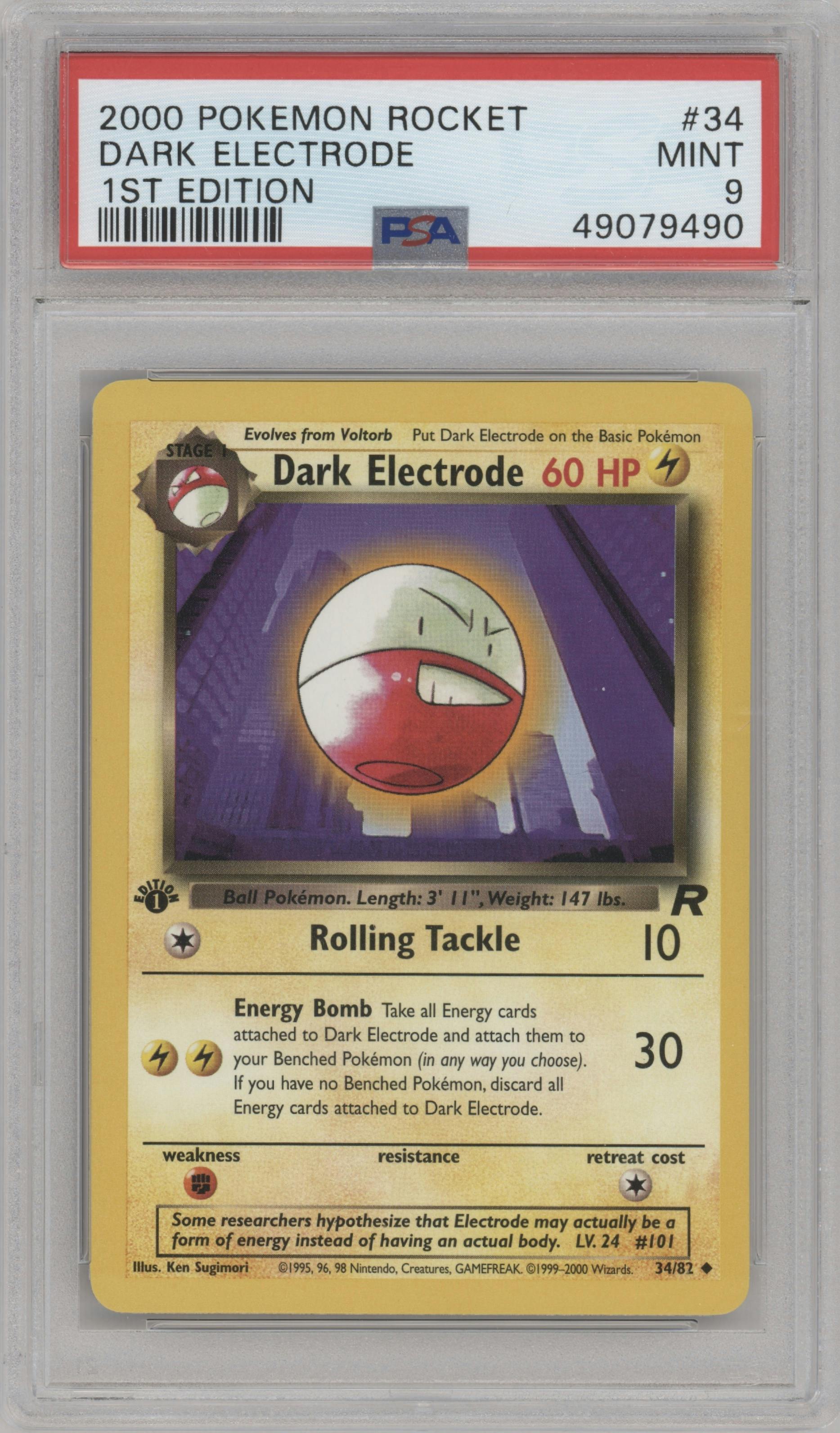 Dark Electrode from the 2000 Pokemon set graded by PSA and given an overall grade of 9.