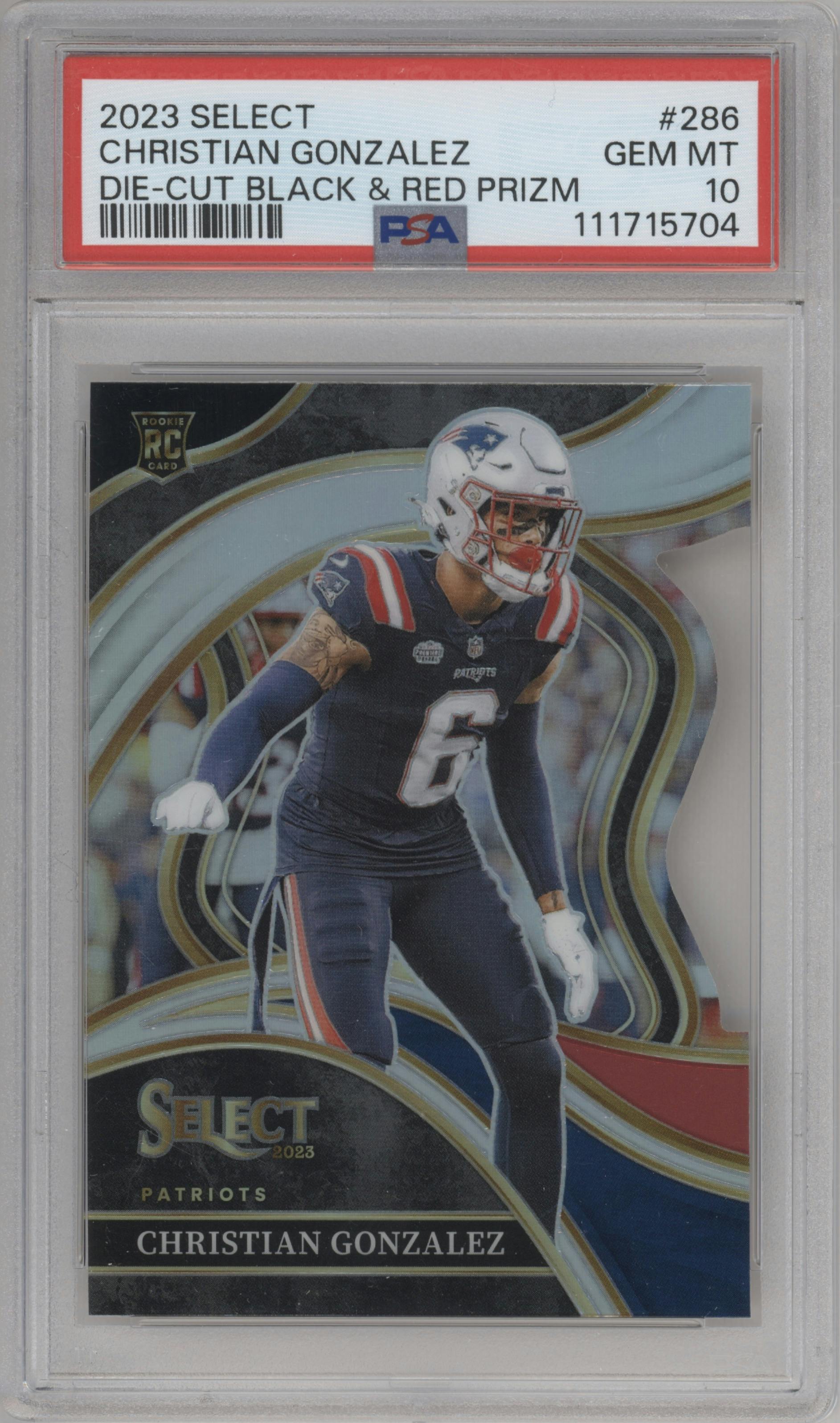 Christian Gonzalez from the 2023 Panini Select set featuring a Die-Cut Black/Red parallel graded by PSA and given an overall grade of 10.