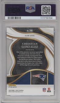 Christian Gonzalez from the 2023 Panini Select set featuring a Die-Cut Black/Red parallel graded by PSA and given an overall grade of 10.
