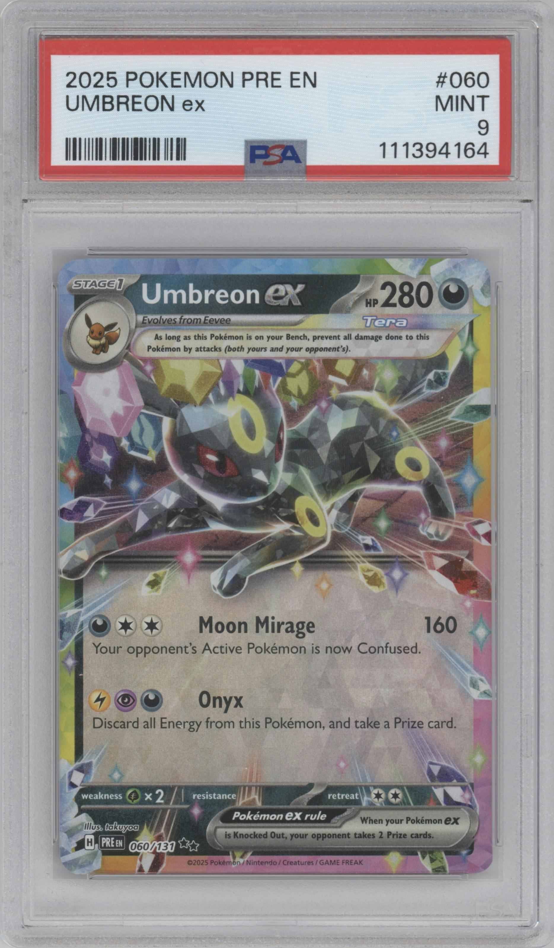 Umbreon ex from the 2025 Pokemon SV set graded by PSA and given an overall grade of 9.