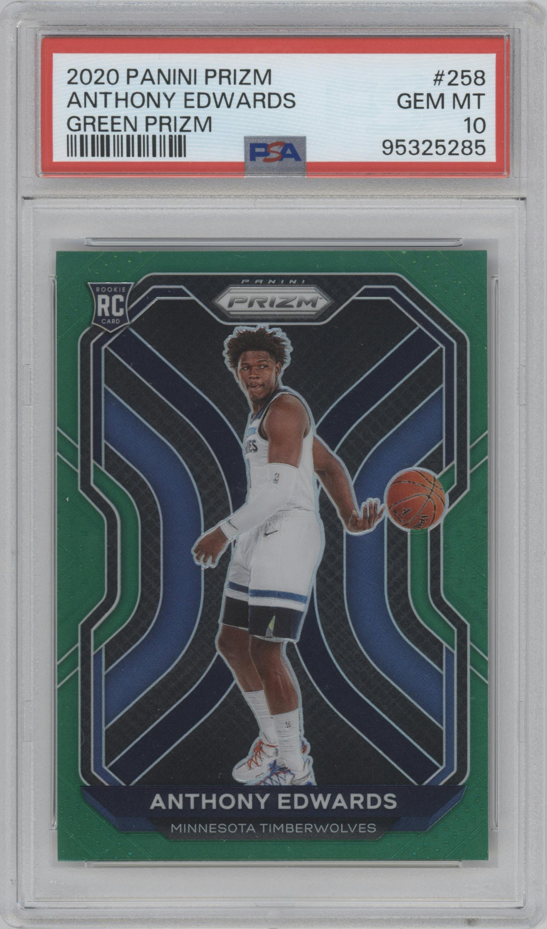 Anthony Edwards from the 2020-21 Panini Prizm set featuring a Green Prizm parallel graded by PSA and given an overall grade of 10.