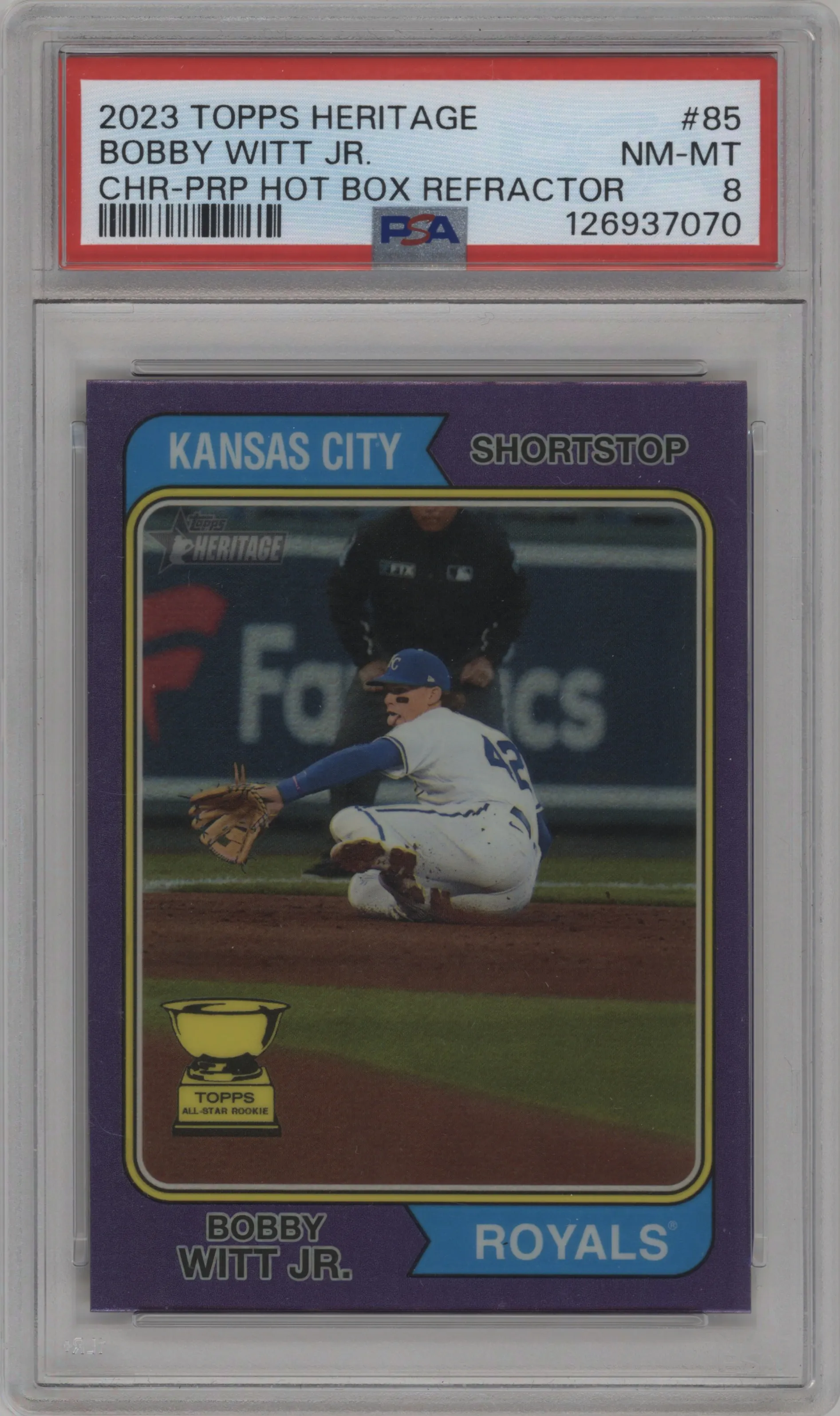 2023 Topps Heritage Chrome Bobby Witt Jr. Purple Hot Box Refractor PSA 8