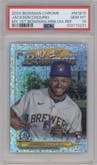 Jackson Chourio from the 2024 Bowman Chrome set featuring a Mini Diamond Refractor parallel graded by PSA and given an overall grade of 10.