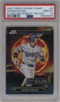 Shohei Ohtani from the 2024 Topps Cosmic Chrome set graded by PSA and given an overall grade of 10.